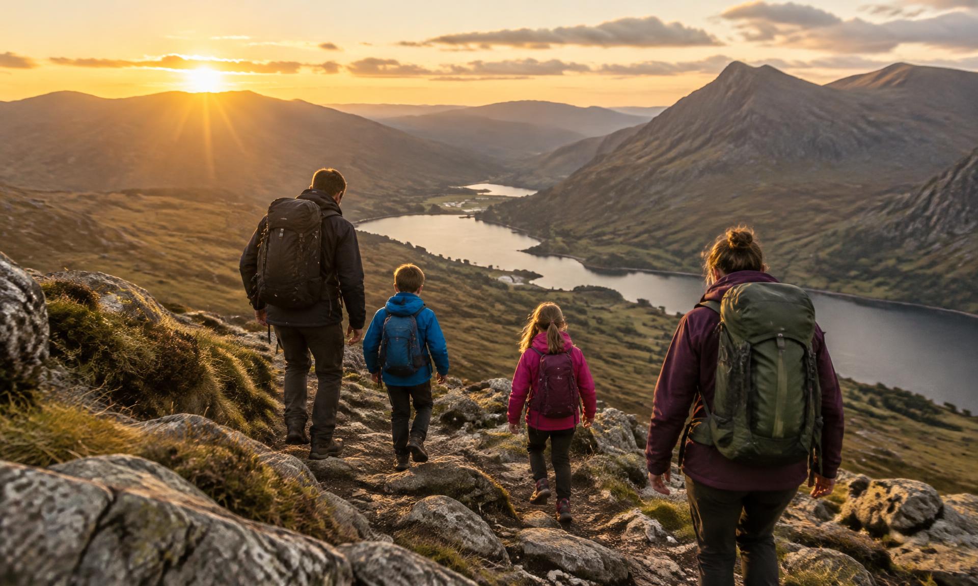 A family with two children hiking a mountain ridge at sunset (placeholder image)